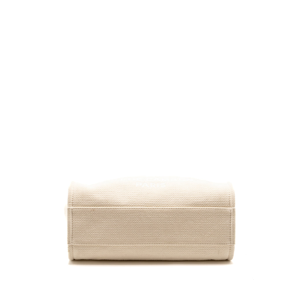CHANEL SMALL DEAUVILLE SHOPPING TOTE BAG CALFSKIN/FABRIC LIGHT BEIGE LGHW (MICROCHIP)