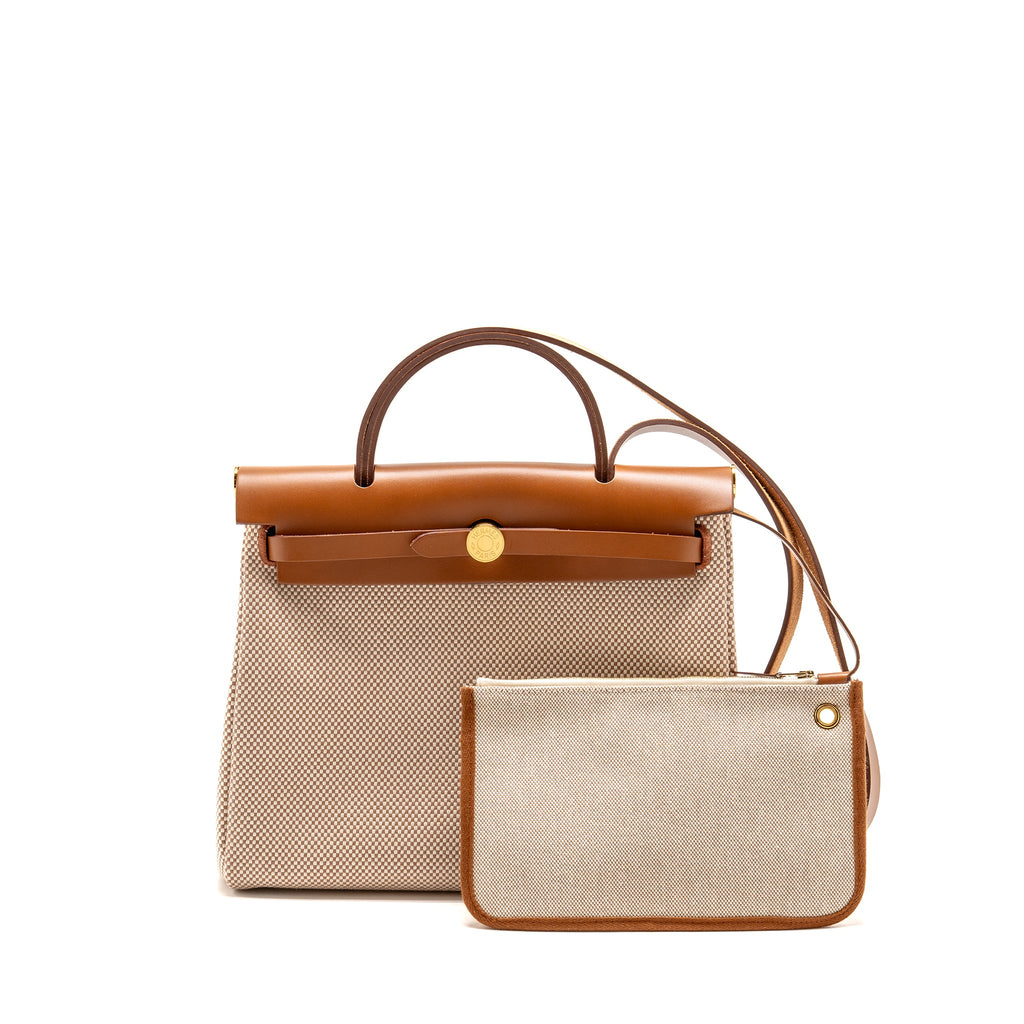 HERMES HERBAG 31 ZIP BAG CANVAS/HUNTER LEATHER ECRU-BEIGE/FAUV GHW