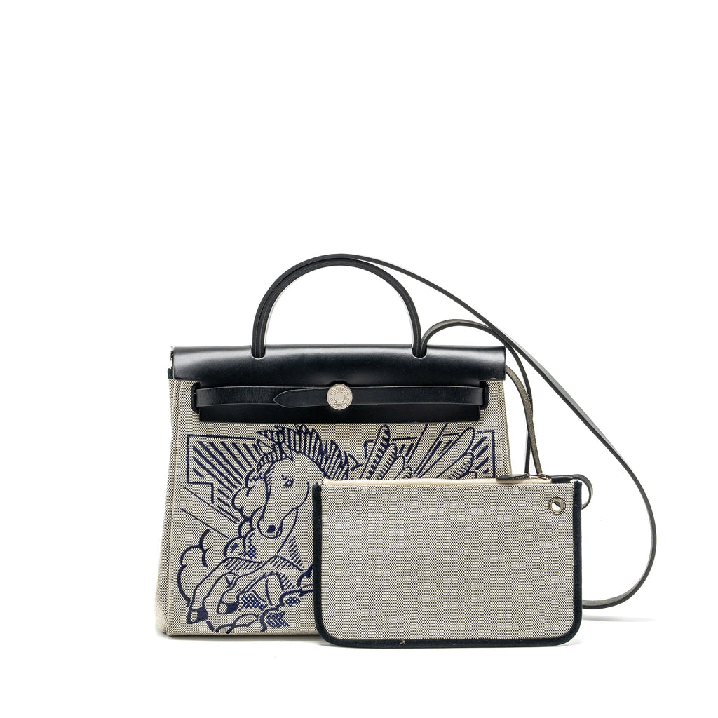 HERMES HERBAG 31 ZIP BAG CANVAS/HUNTER BLUE INDIGO/ECRU-NOIR/NOIR SHW