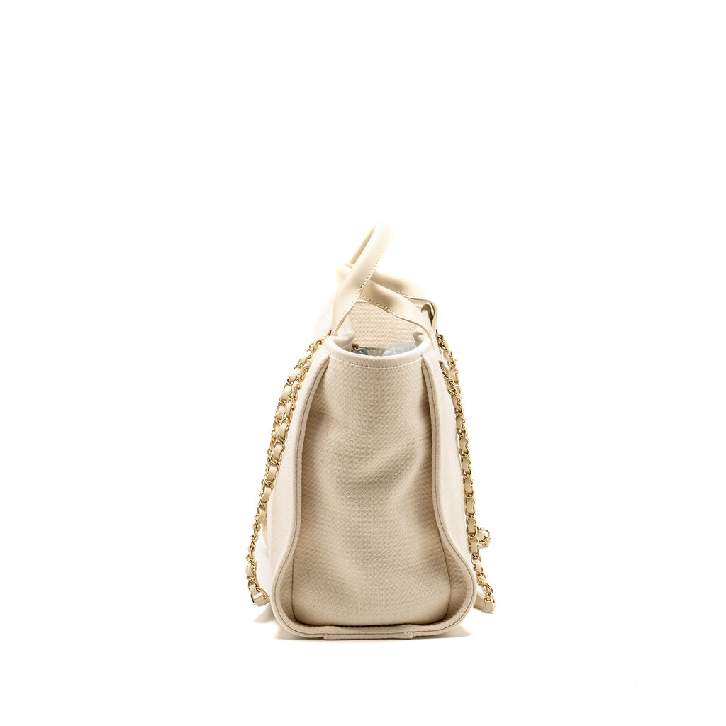 CHANEL SMALL DEAUVILLE SHOPPING TOTE BAG CALFSKIN/FABRIC LIGHT BEIGE LGHW (MICROCHIP)