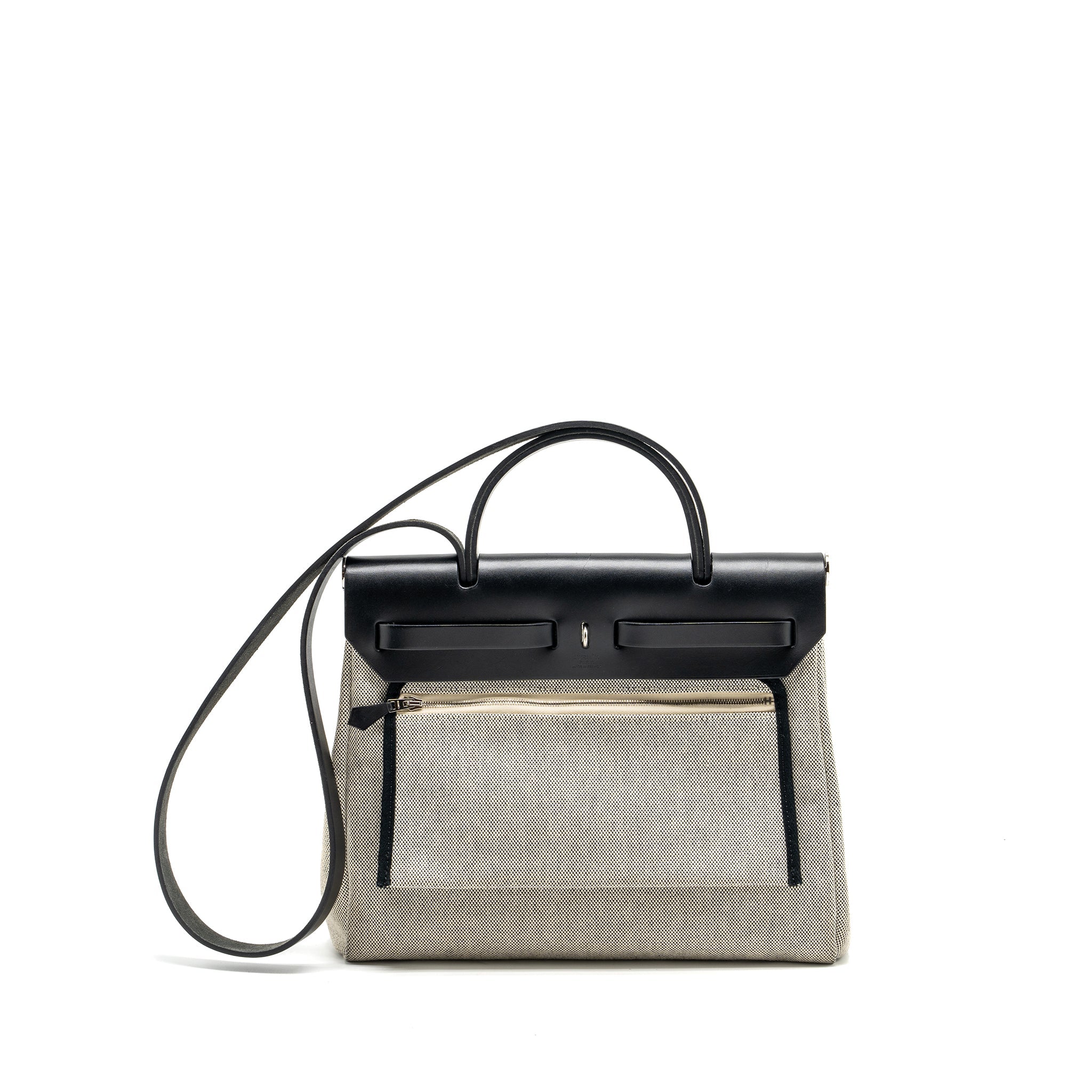 HERMES HERBAG 31 ZIP BAG CANVAS/HUNTER BLUE INDIGO/ECRU-NOIR/NOIR SHW