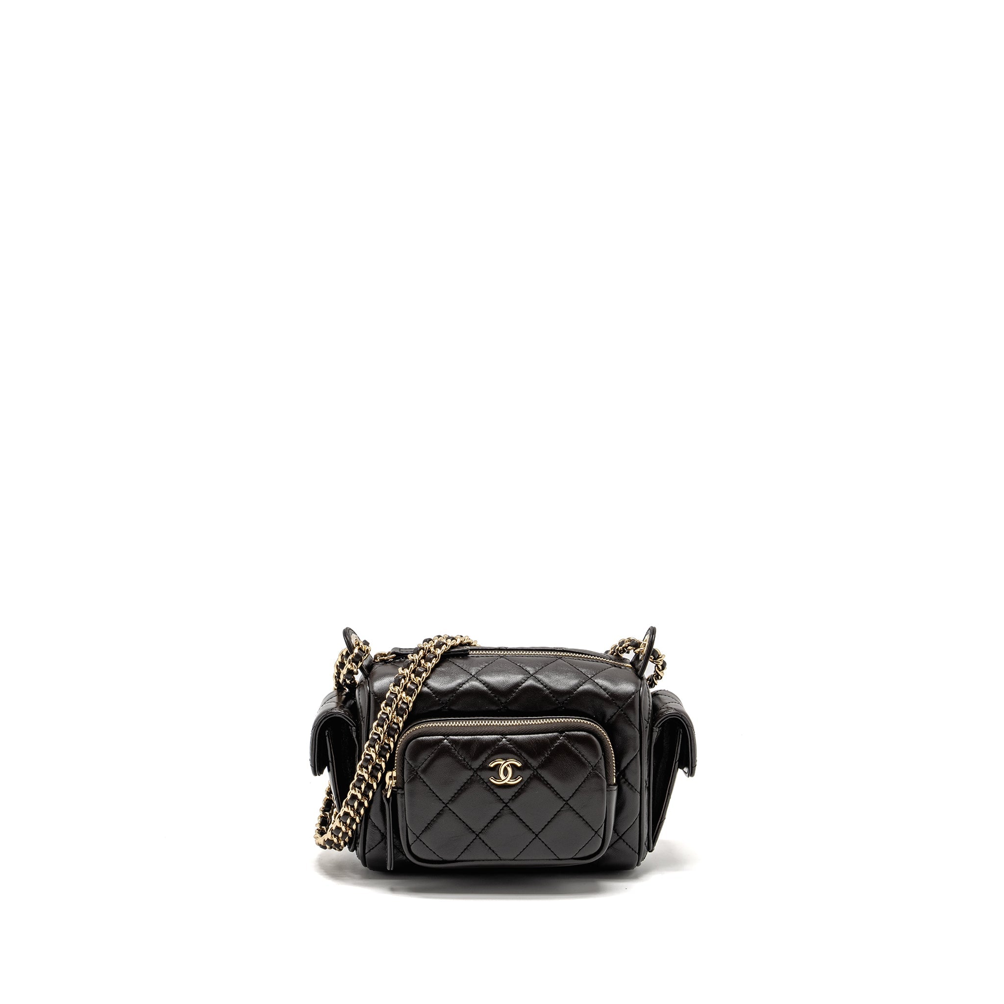 CHANEL 24K SMALL CAMERA CASE BAG SHINY CRUMPLED LAMBSKIN DARK BROWN LGHW (MICROCHIP)