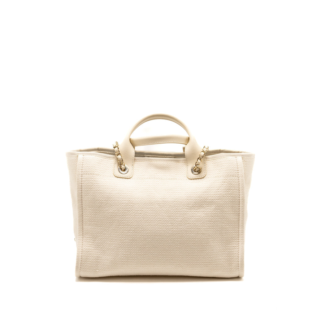 CHANEL SMALL DEAUVILLE SHOPPING TOTE BAG CALFSKIN/FABRIC LIGHT BEIGE LGHW (MICROCHIP)