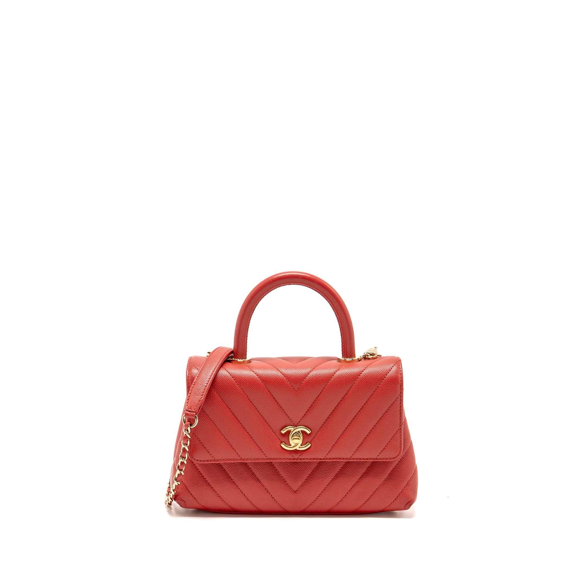 CHANEL SMALL COCO HANDLE CHEVRON CAVIAR RED GHW