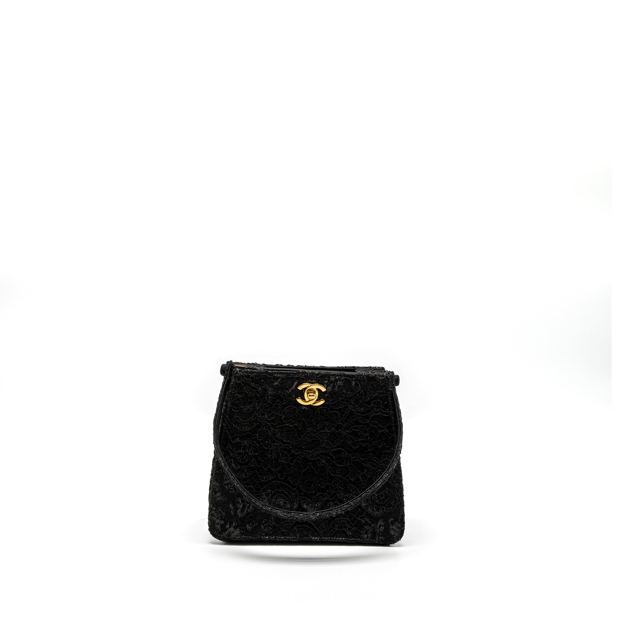 CHANEL VINTAGE DOUBLE SIDED TUMLOCK HANDBAG LACED SATIN BLACK GHW