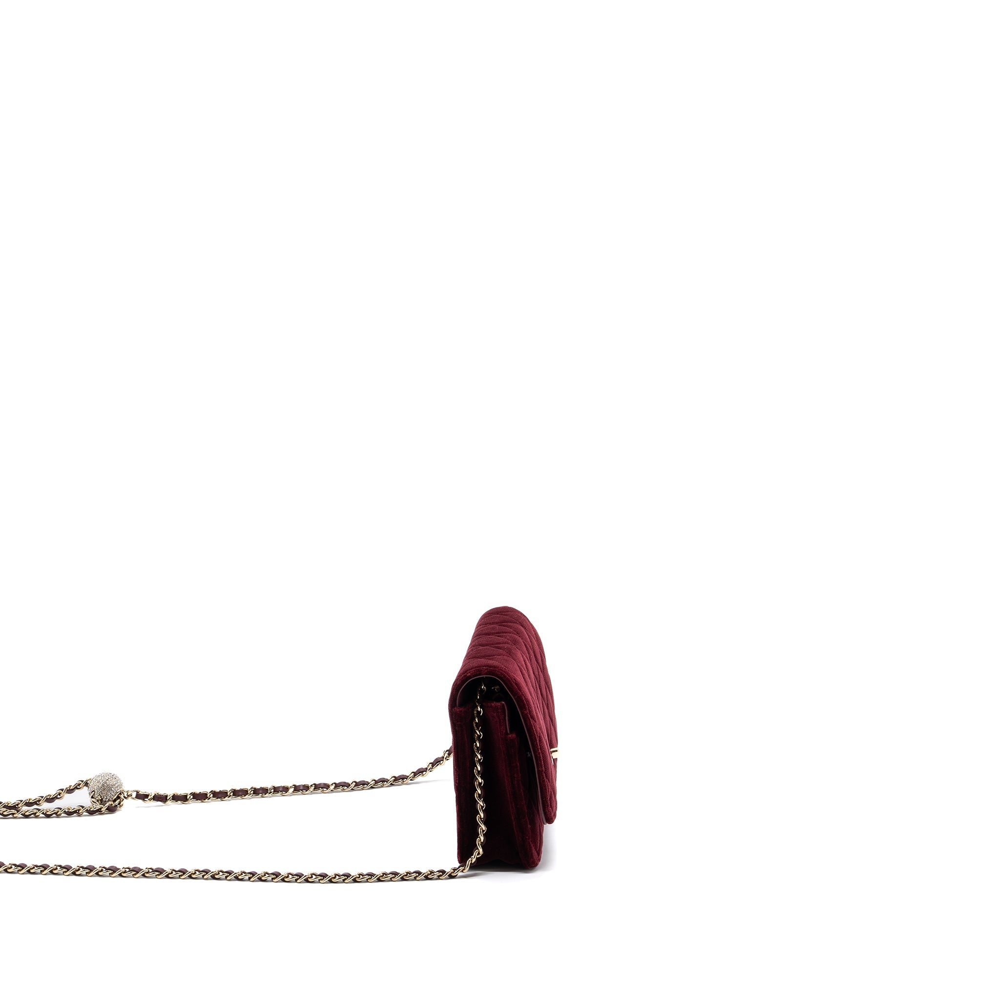 CHANEL CRYSTAL PEARL CRUSH WALLET ON CHAIN VELVET BURGUNDY LGHW