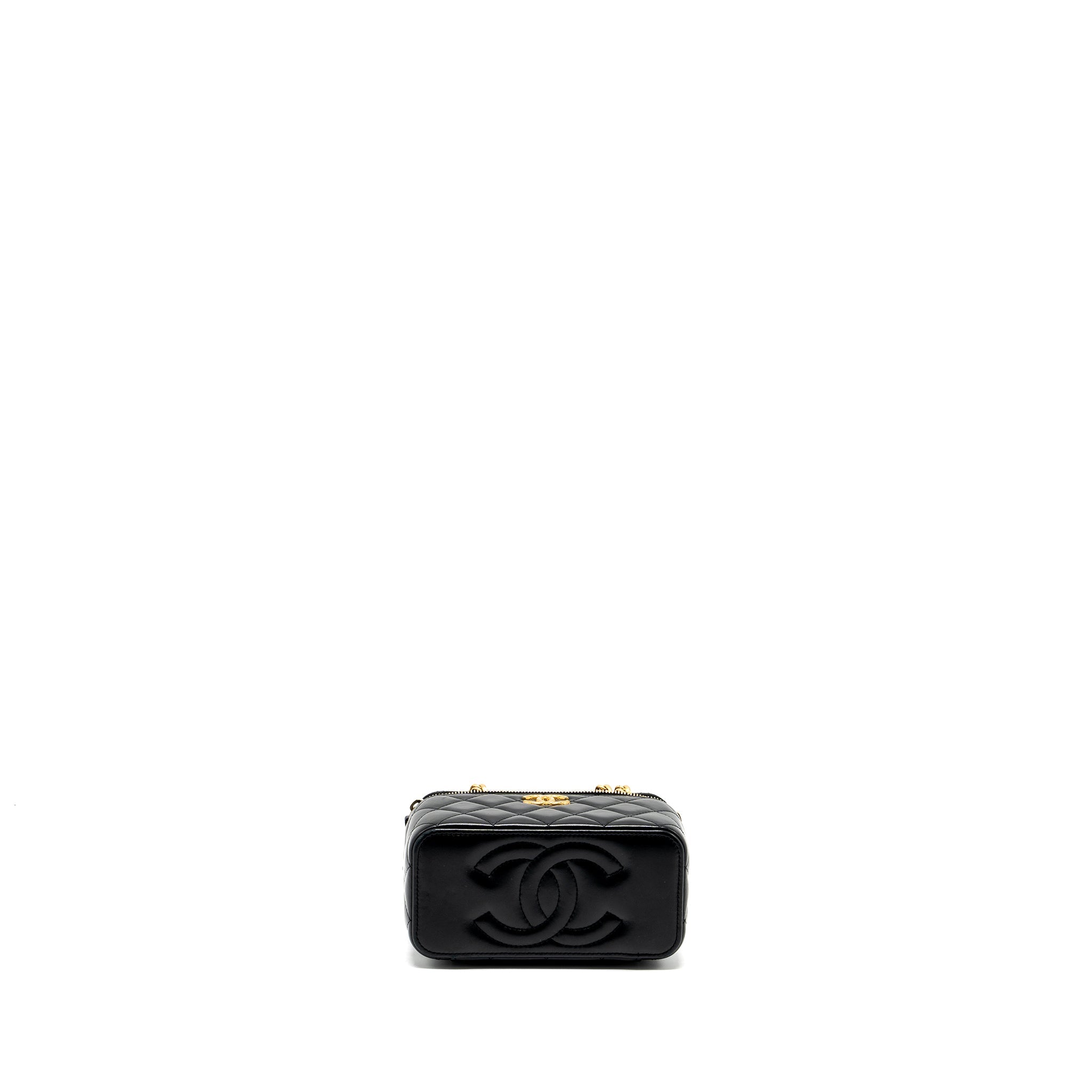 CHANEL 22K GOLD PILLAR LONG VANITY WITH ADJUSTABLE CHAIN LAMBSKIN BLACK GHW (MICROCHIP)