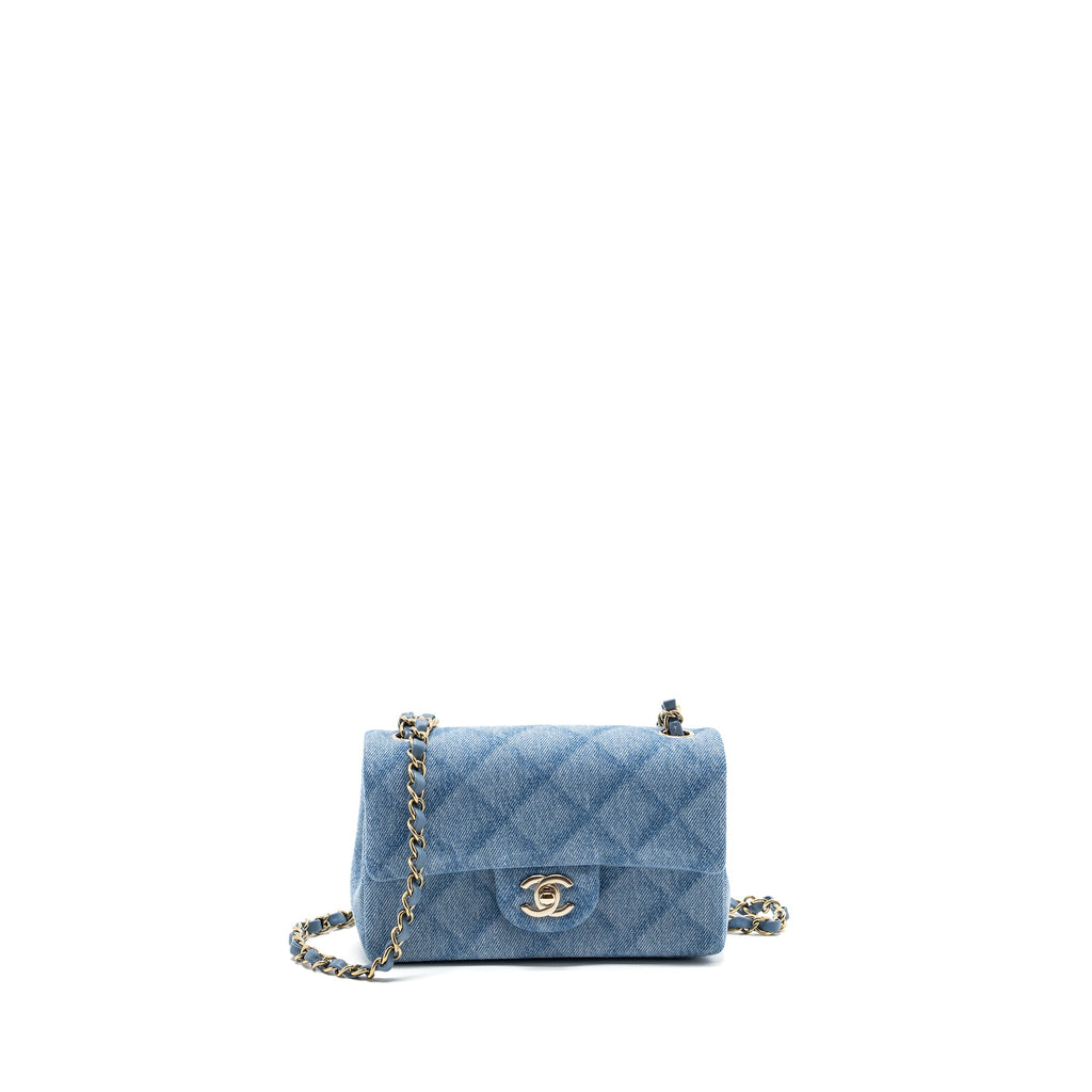CHANEL 22B MINI RECTANGULAR FLAP BAG DENIM LIGHT BLUE LGHW (MICROCHIP)