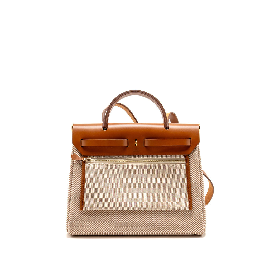 HERMES HERBAG 31 ZIP BAG CANVAS/HUNTER LEATHER ECRU-BEIGE/FAUV GHW