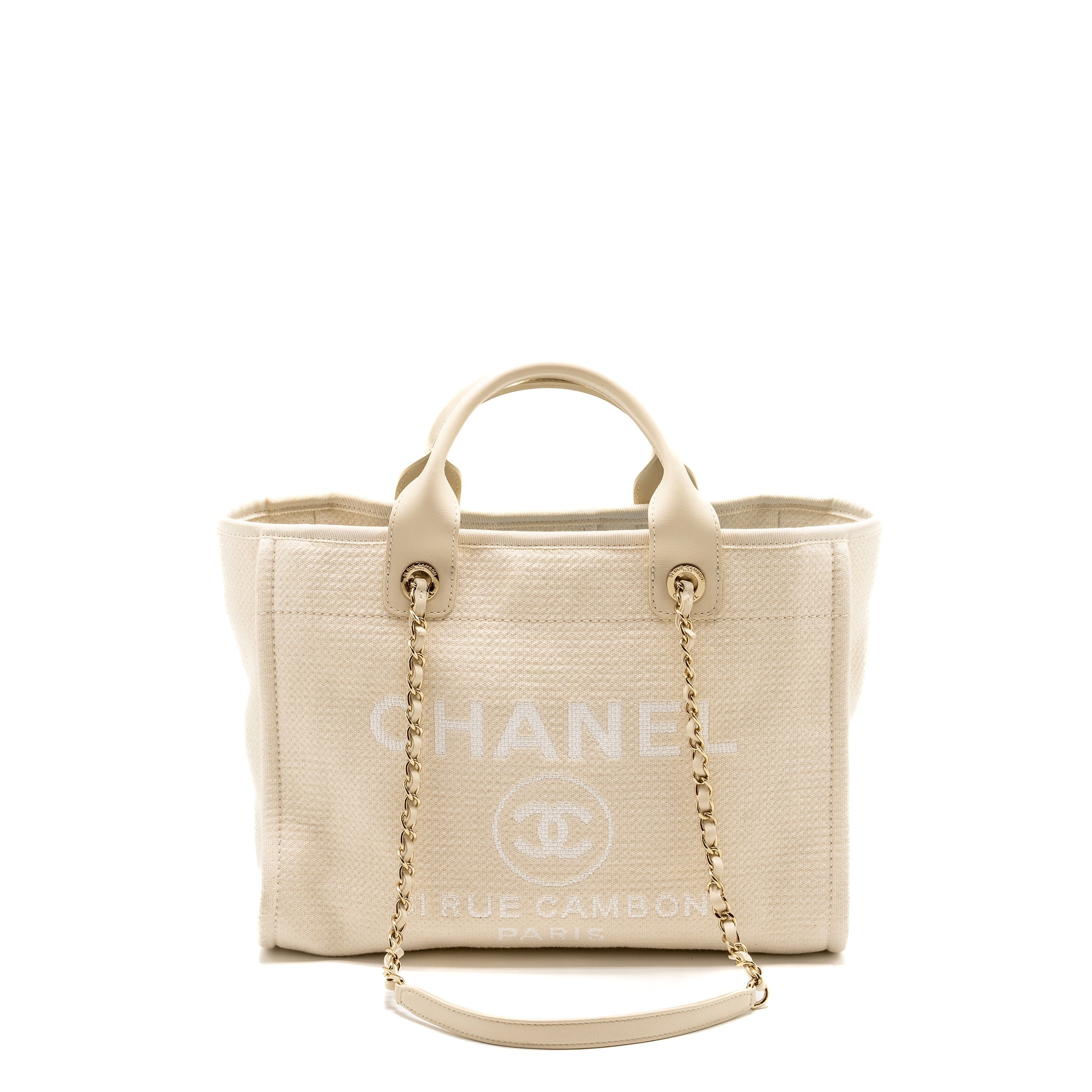 CHANEL SMALL DEAUVILLE SHOPPING TOTE BAG CALFSKIN/FABRIC LIGHT BEIGE LGHW (MICROCHIP)