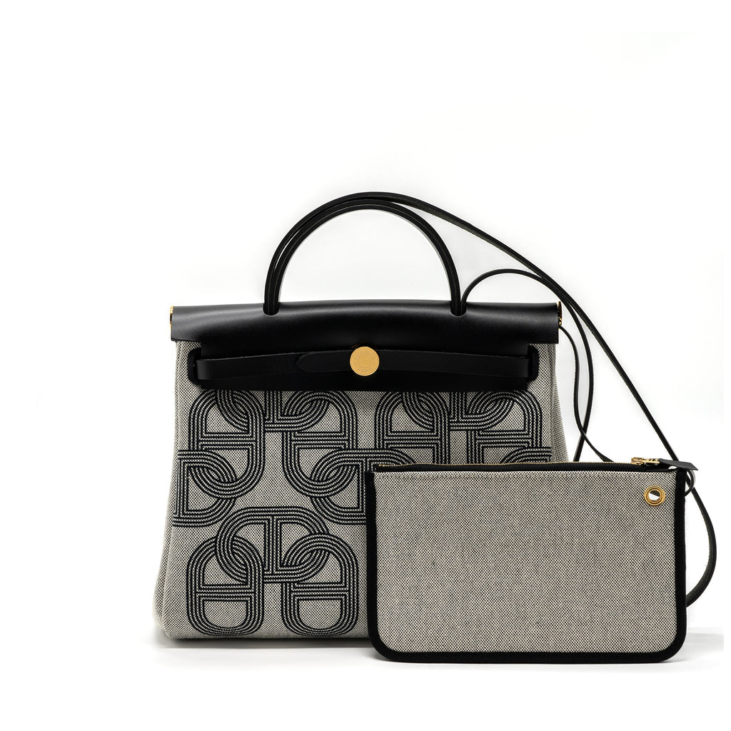 HERMES HERBAG 31 ZIP BAG TOILE H PLUME CANVAS / HUNTER LEATHER BLACK / ECRU GHW