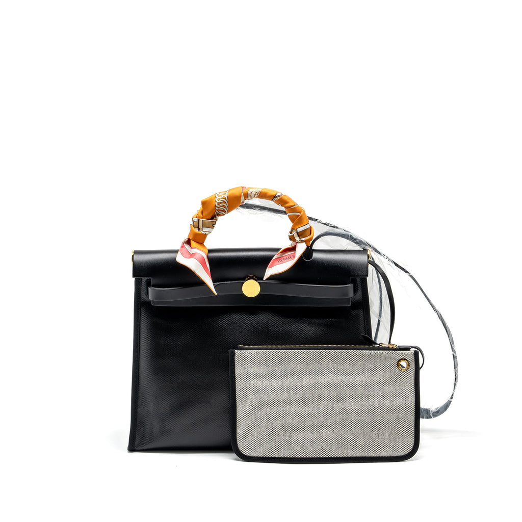 HERMES HERBAG 31 ZIP BAG BERLINE CANVAS / VACHE HUNTER BLACK / ECRU GHW