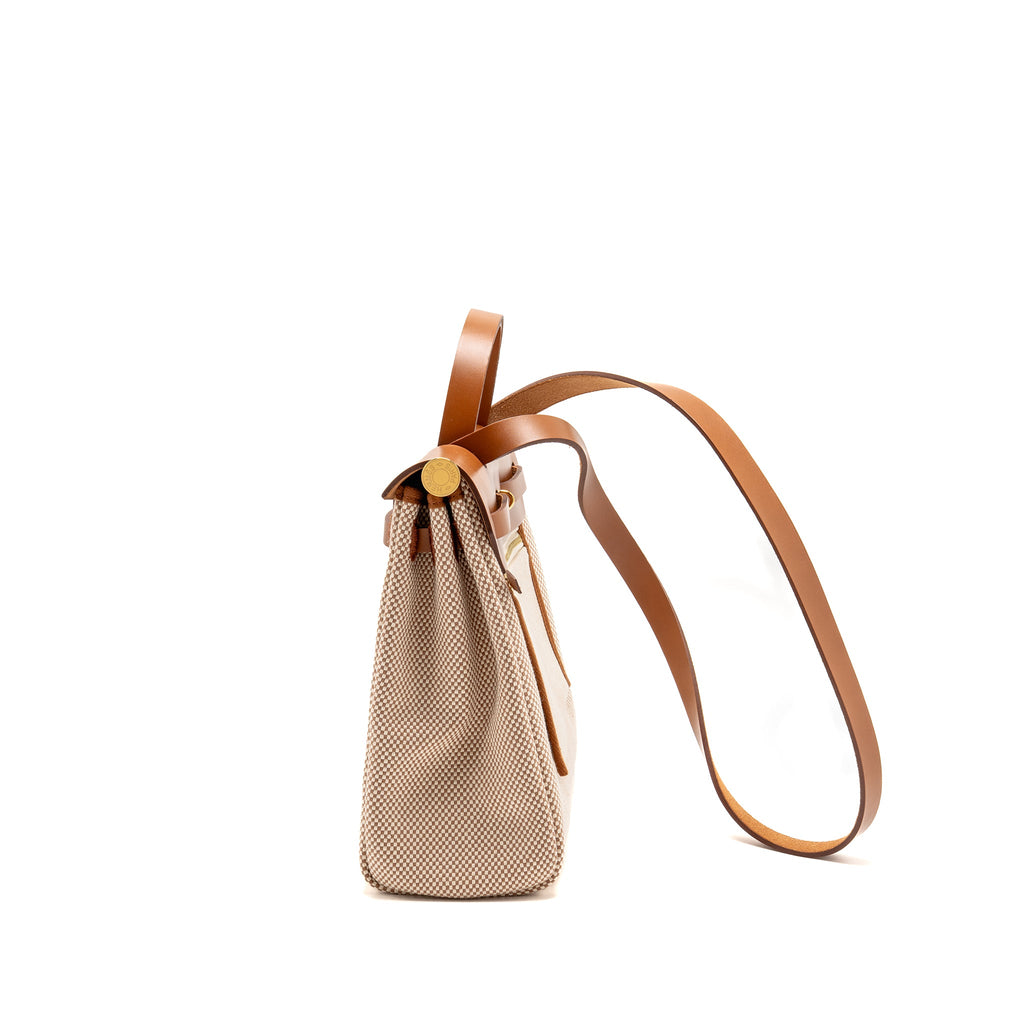 HERMES HERBAG 31 ZIP BAG CANVAS/HUNTER LEATHER ECRU-BEIGE/FAUV GHW