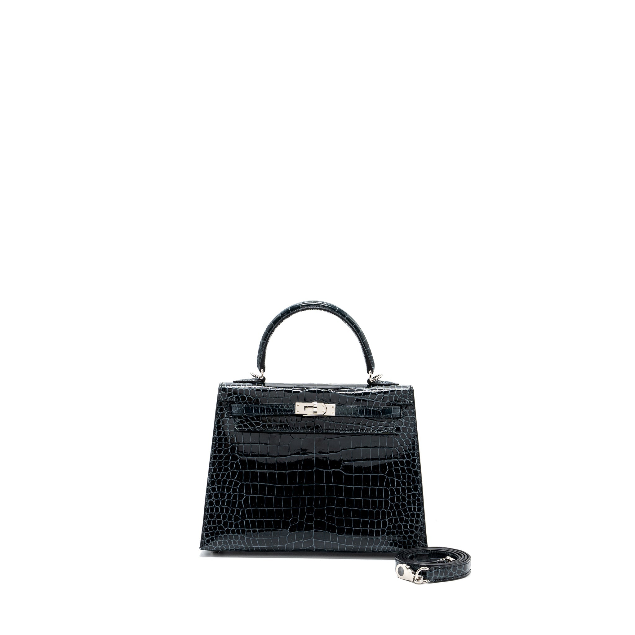 HERMES KELLY 25 SHINY CROCODILE POROUS V0 VERT ROUSSEAU SHW
