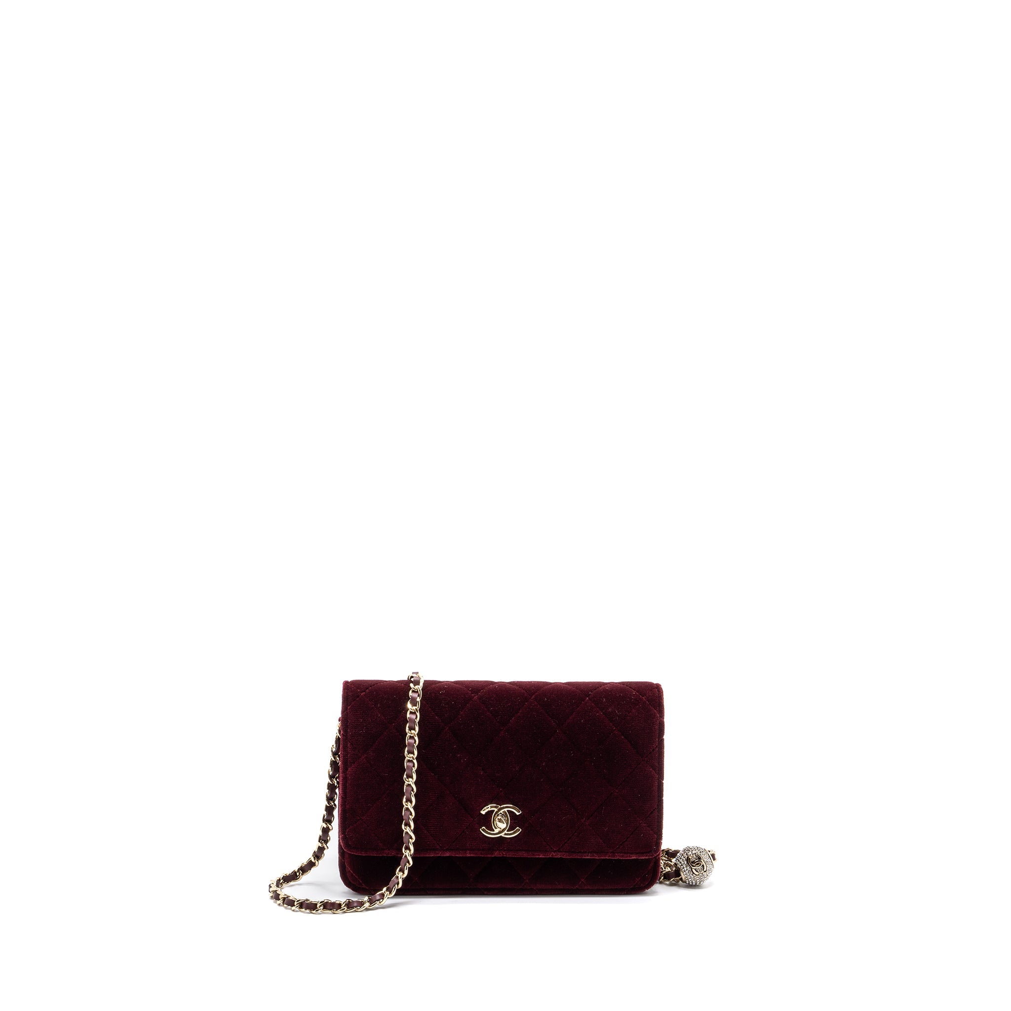 CHANEL CRYSTAL PEARL CRUSH WALLET ON CHAIN VELVET BURGUNDY LGHW