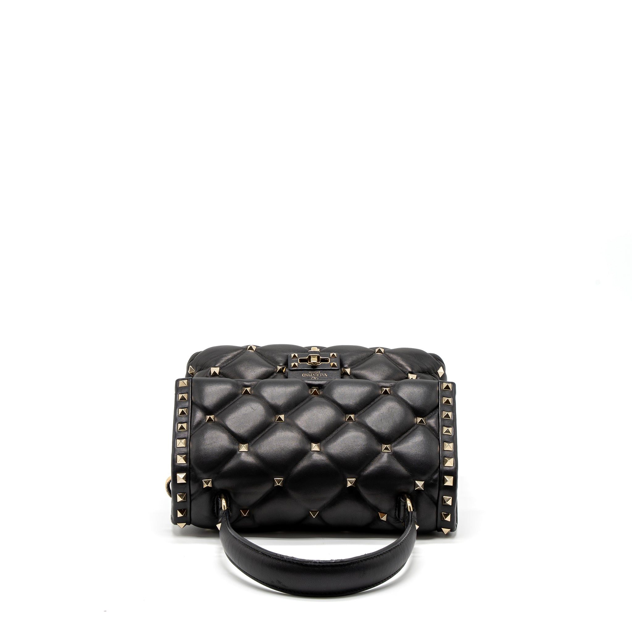 VALENTINO TOP HANDLE QUILTED CANDYSTUD FLAP BAG LAMBSKIN BLACK LGHW
