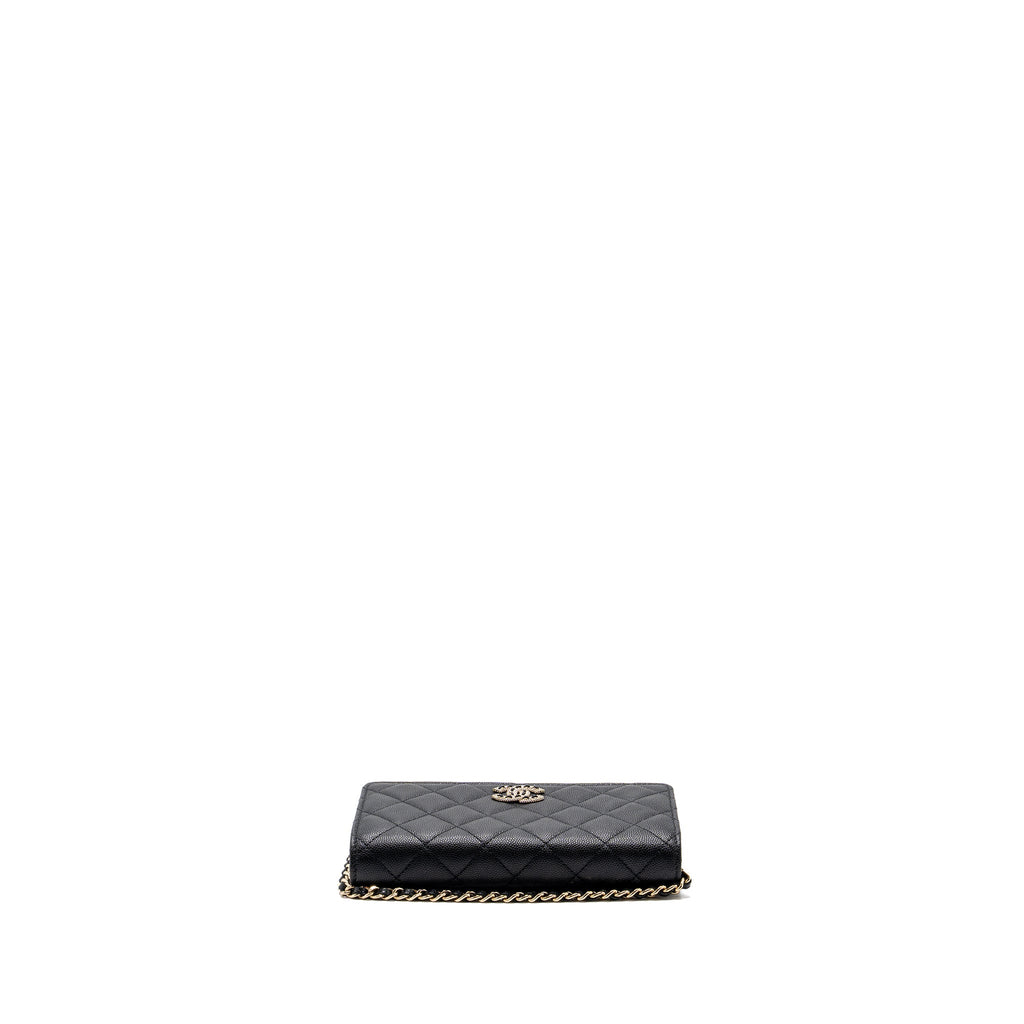 CHANEL DETAILED LOGO WALLET ON CHAIN BLACK CAVIAR LGHW (MICROCHIP)