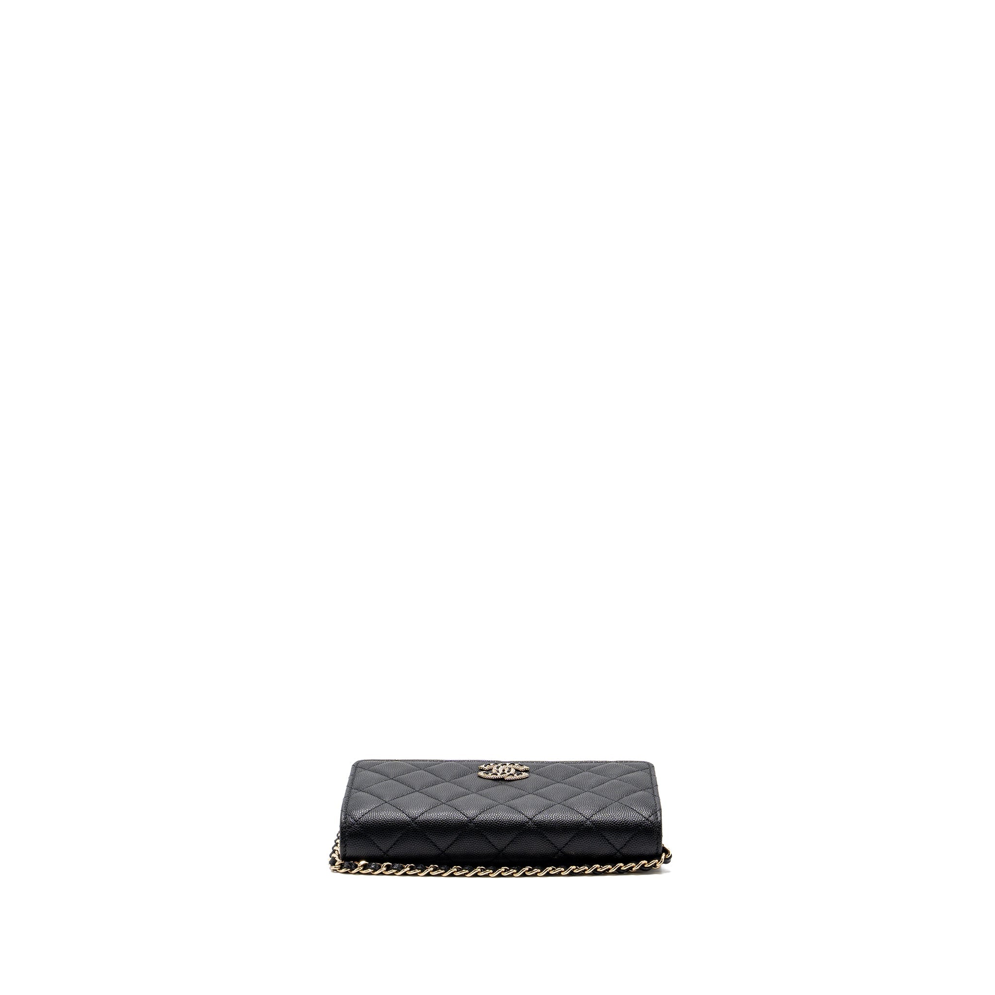 CHANEL DETAILED LOGO WALLET ON CHAIN BLACK CAVIAR LGHW (MICROCHIP)