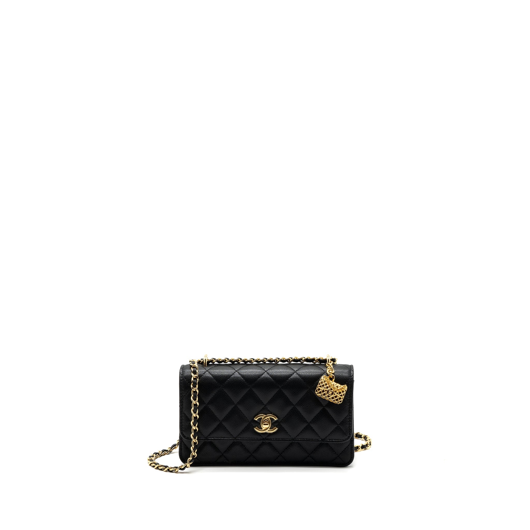 CHANEL 23S WALLET ON CHAIN WITH BAG CHARM CAVIAR BLACK GHW(MICROCHIP)