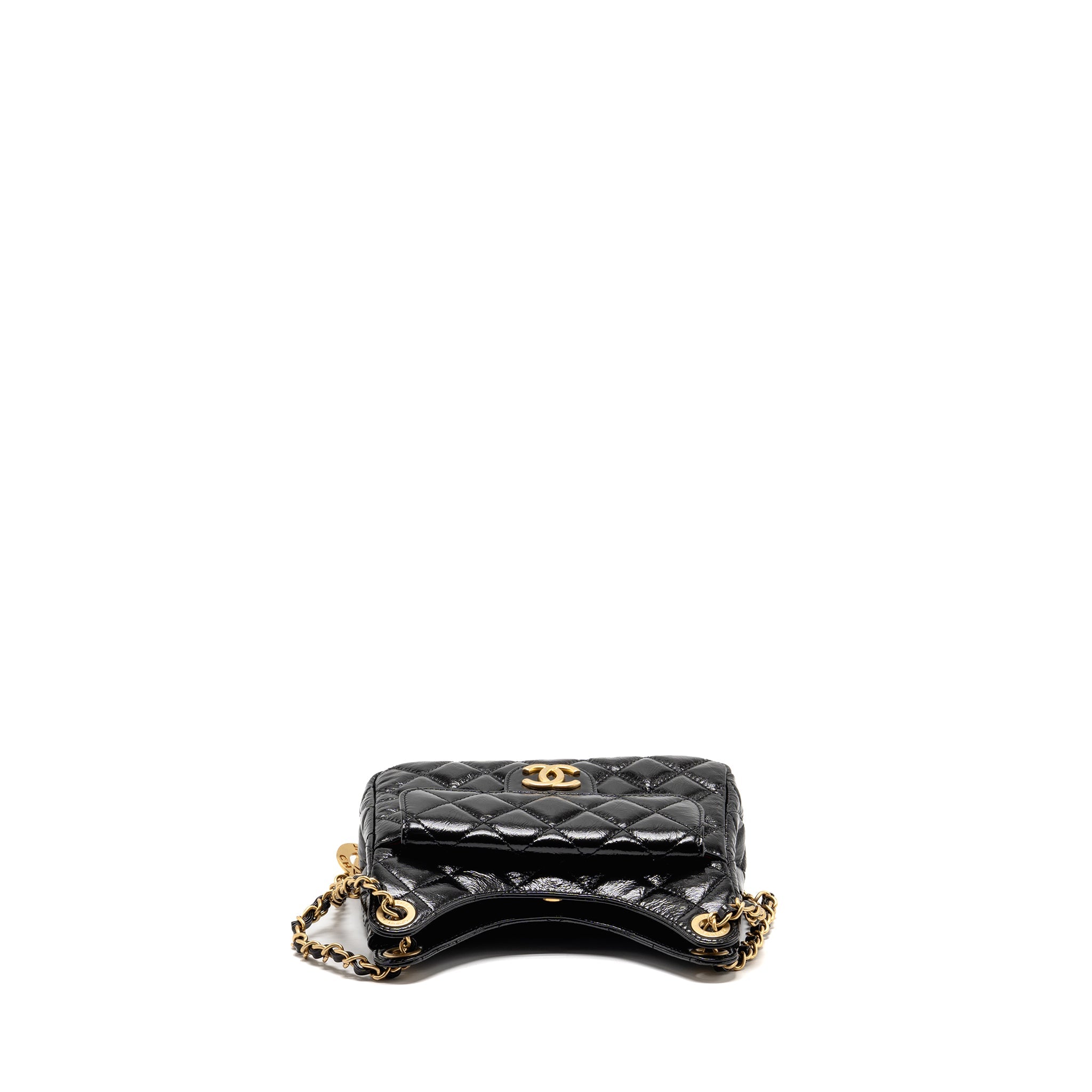 CHANEL 23C SMALL HOBO BAG SHINY CALFSKIN BLACK BRUSHED GHW (MICROCHIP)