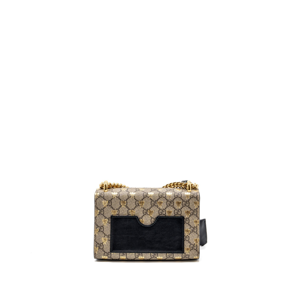 GUCCI SMALL PADLOCK CHAIN BAG GG SUPREME CANVAS WITH BEE PRINT BEIGE / BLACK GHW