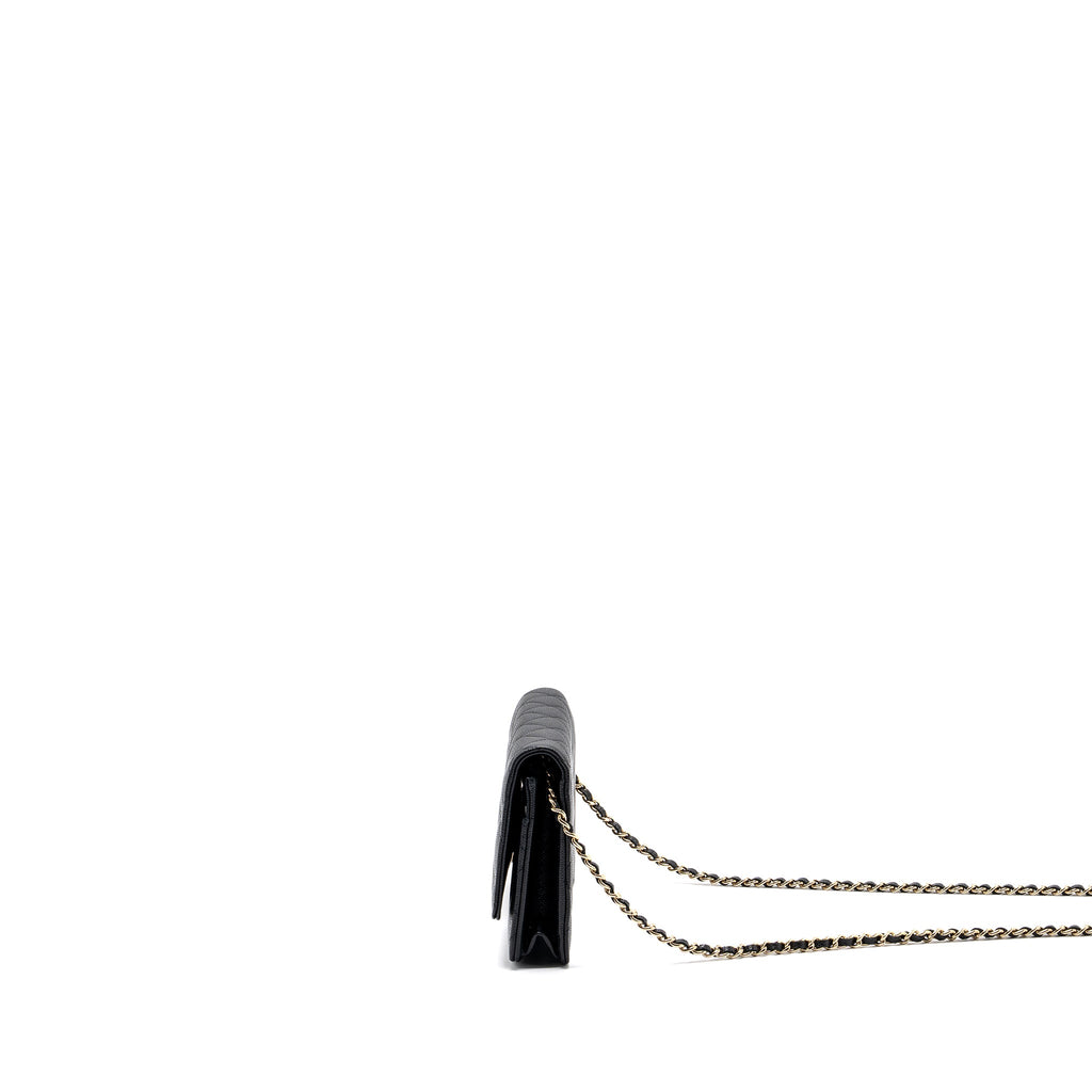 CHANEL DETAILED LOGO WALLET ON CHAIN BLACK CAVIAR LGHW (MICROCHIP)