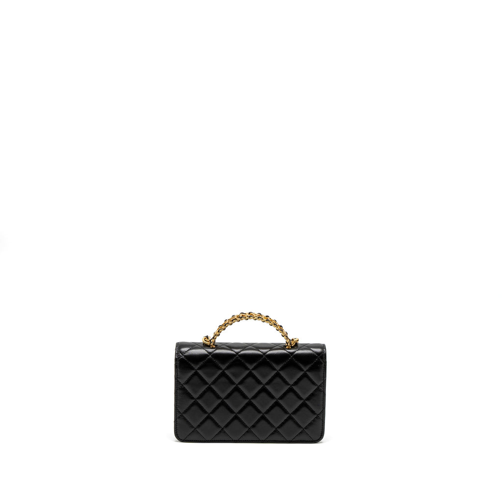 CHANEL DETAIL TOP HANDLE WALLET ON CHAIN LAMBSKIN BLACK BRUSHED GHW (MICROCHIP)