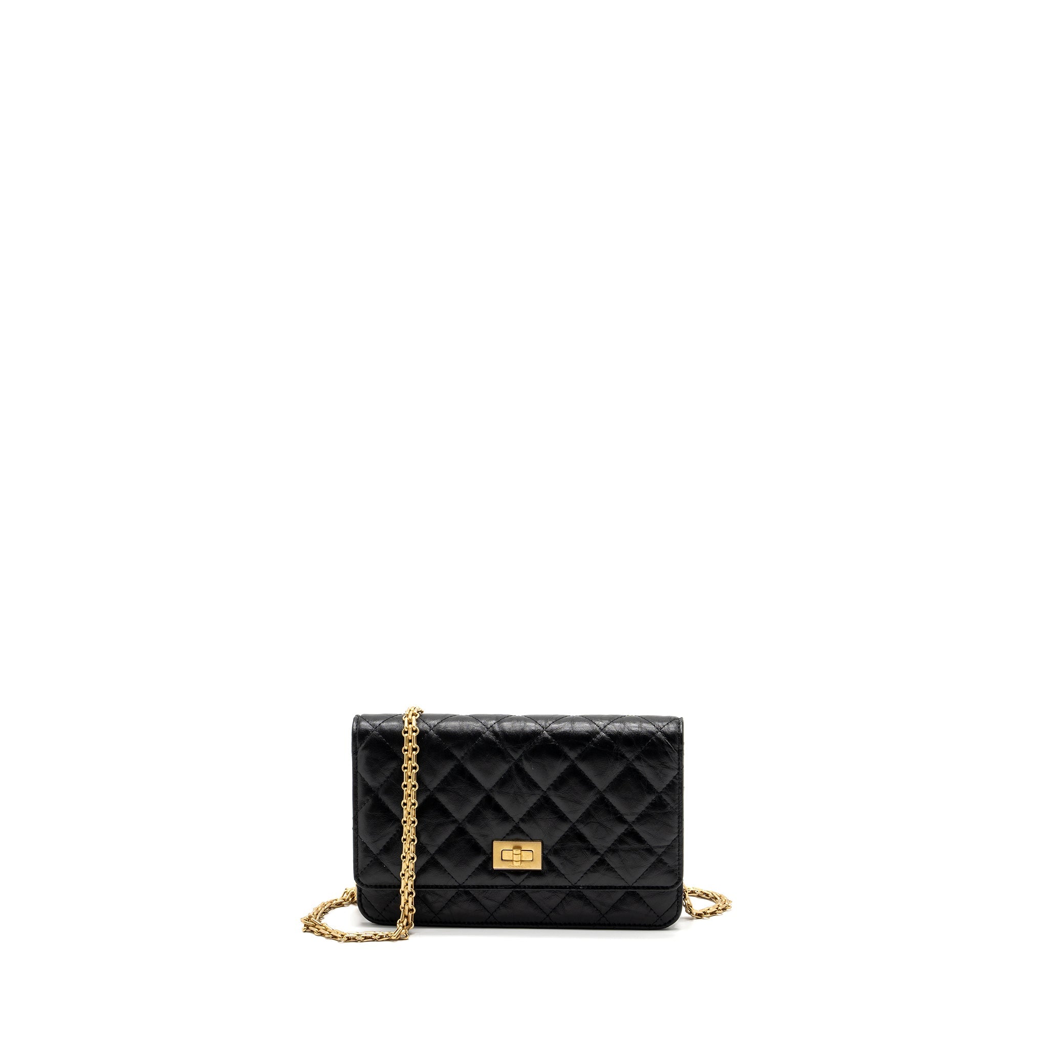 CHANEL 2.55 WALLET ON CHAIN AGED CALFSKIN BLACK BRUSHED GHW (MICROCHIP)