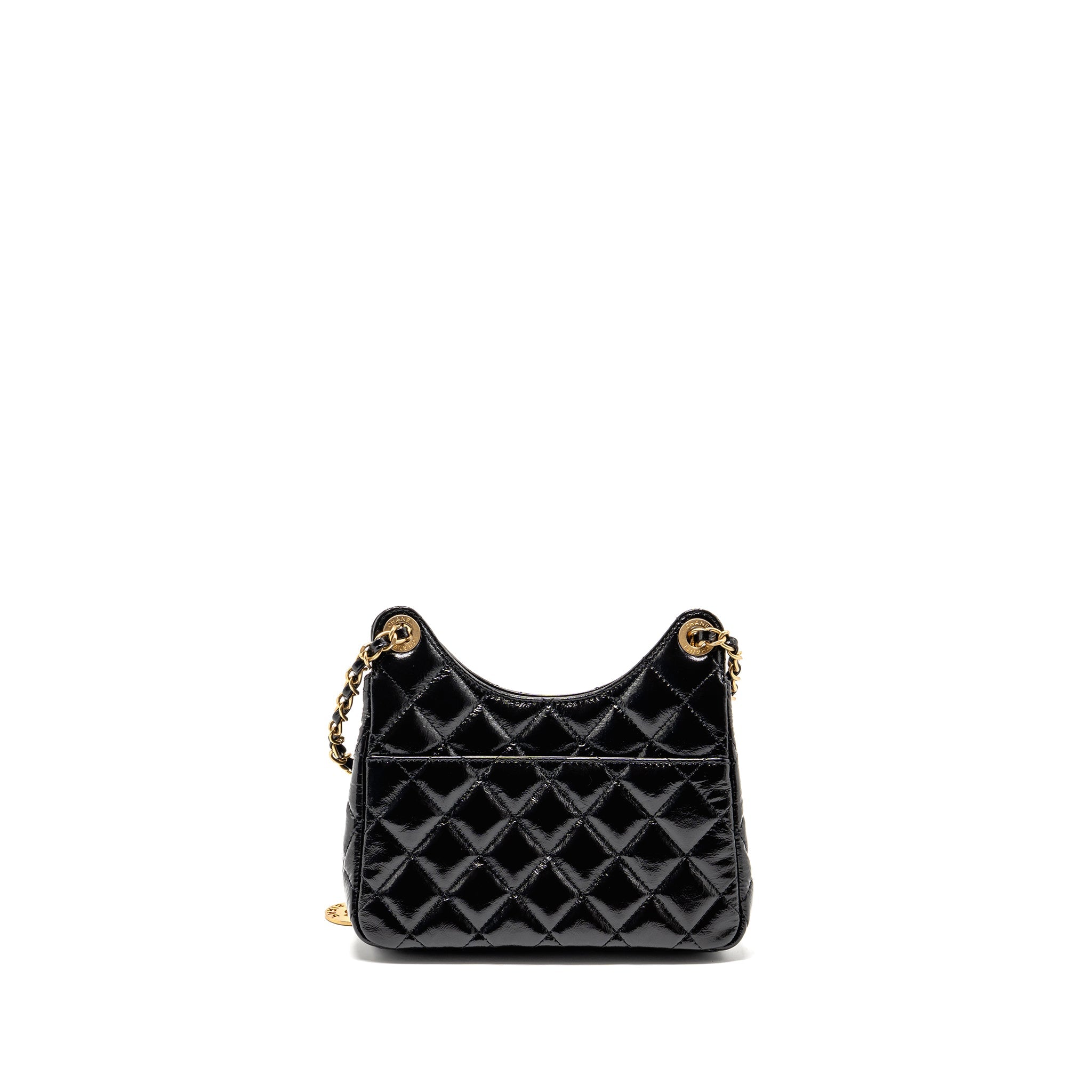 CHANEL 23C SMALL HOBO BAG SHINY CALFSKIN BLACK BRUSHED GHW (MICROCHIP)
