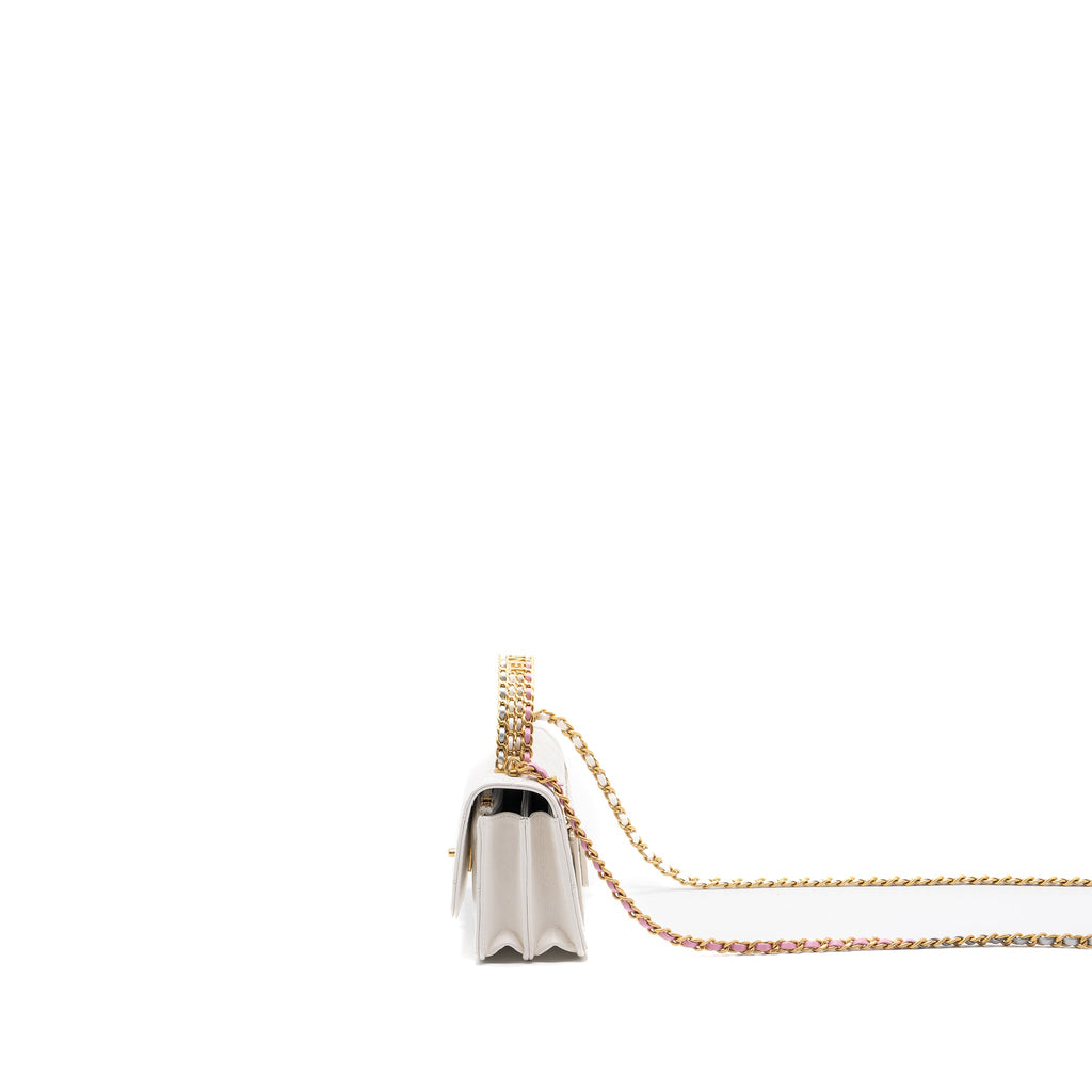 CHANEL 23P DETAILED TOP HANDLE MINI WALLET WITH CHAIN CALFSKIN WHITE / MULTI COLOR BRUSHED GHW (MICROCHIP)