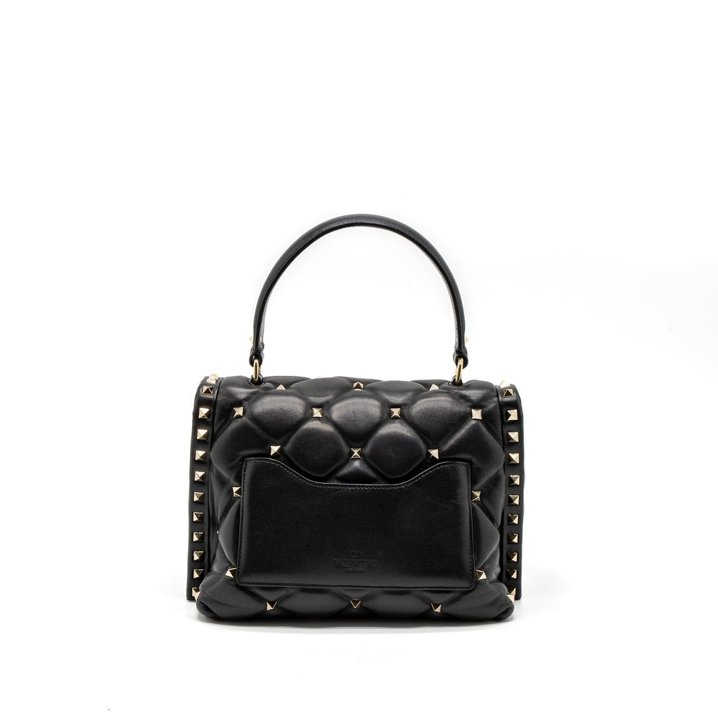 VALENTINO TOP HANDLE QUILTED CANDYSTUD FLAP BAG LAMBSKIN BLACK LGHW