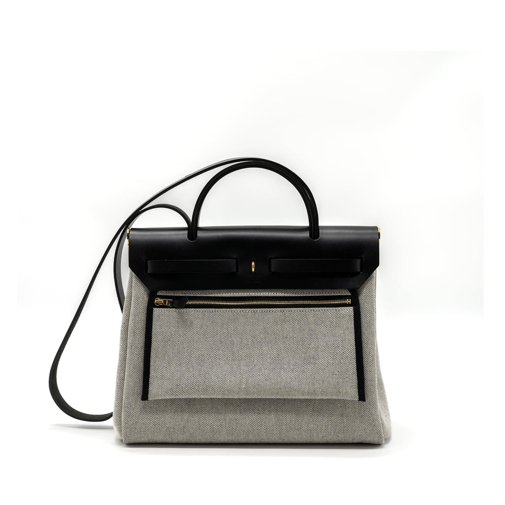 HERMES HERBAG 31 ZIP BAG TOILE H PLUME CANVAS/ HUNTER LEATHER BLACK / ECRU GHW