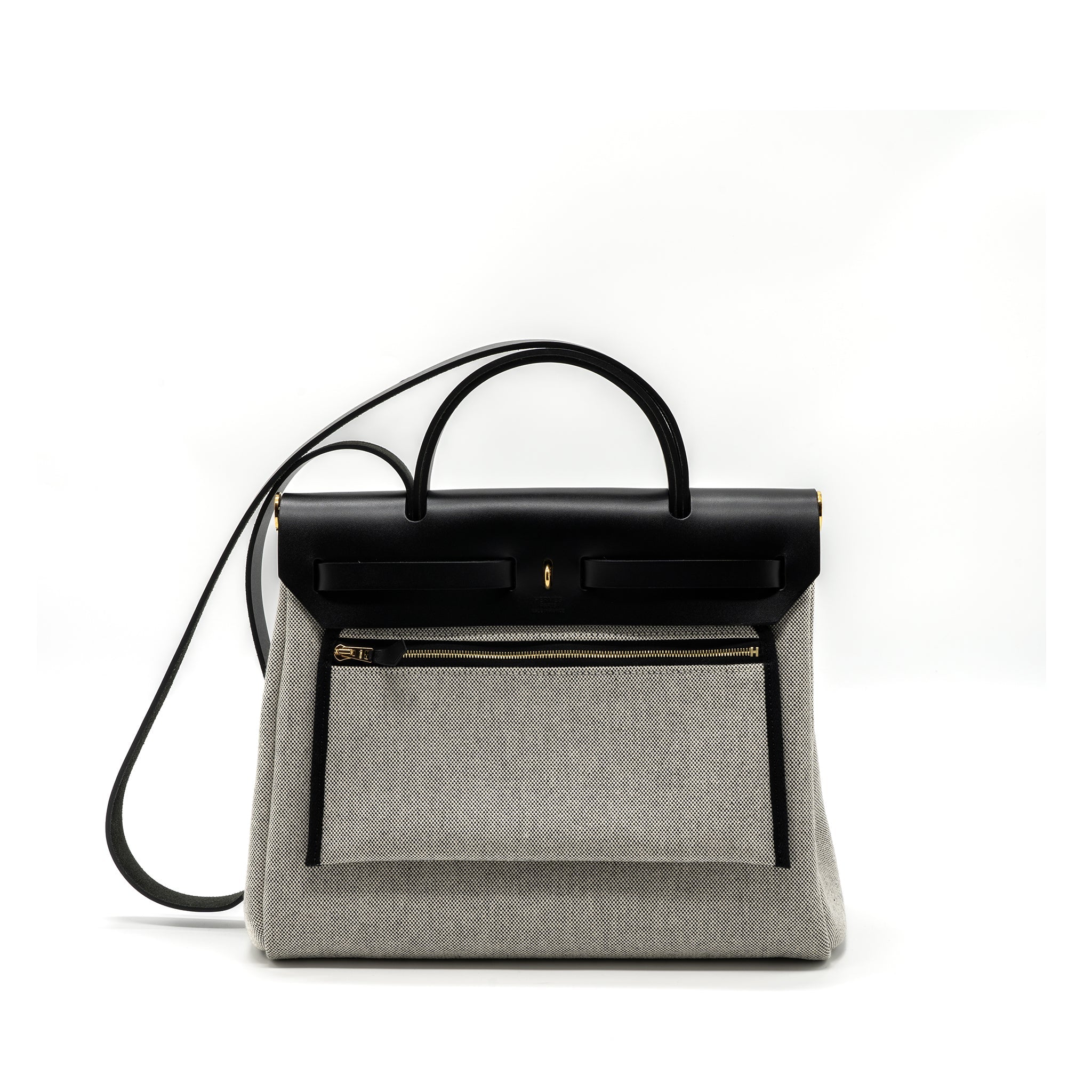 HERMES HERBAG 31 ZIP BAG TOILE H PLUME CANVAS/ HUNTER LEATHER BLACK / ECRU GHW