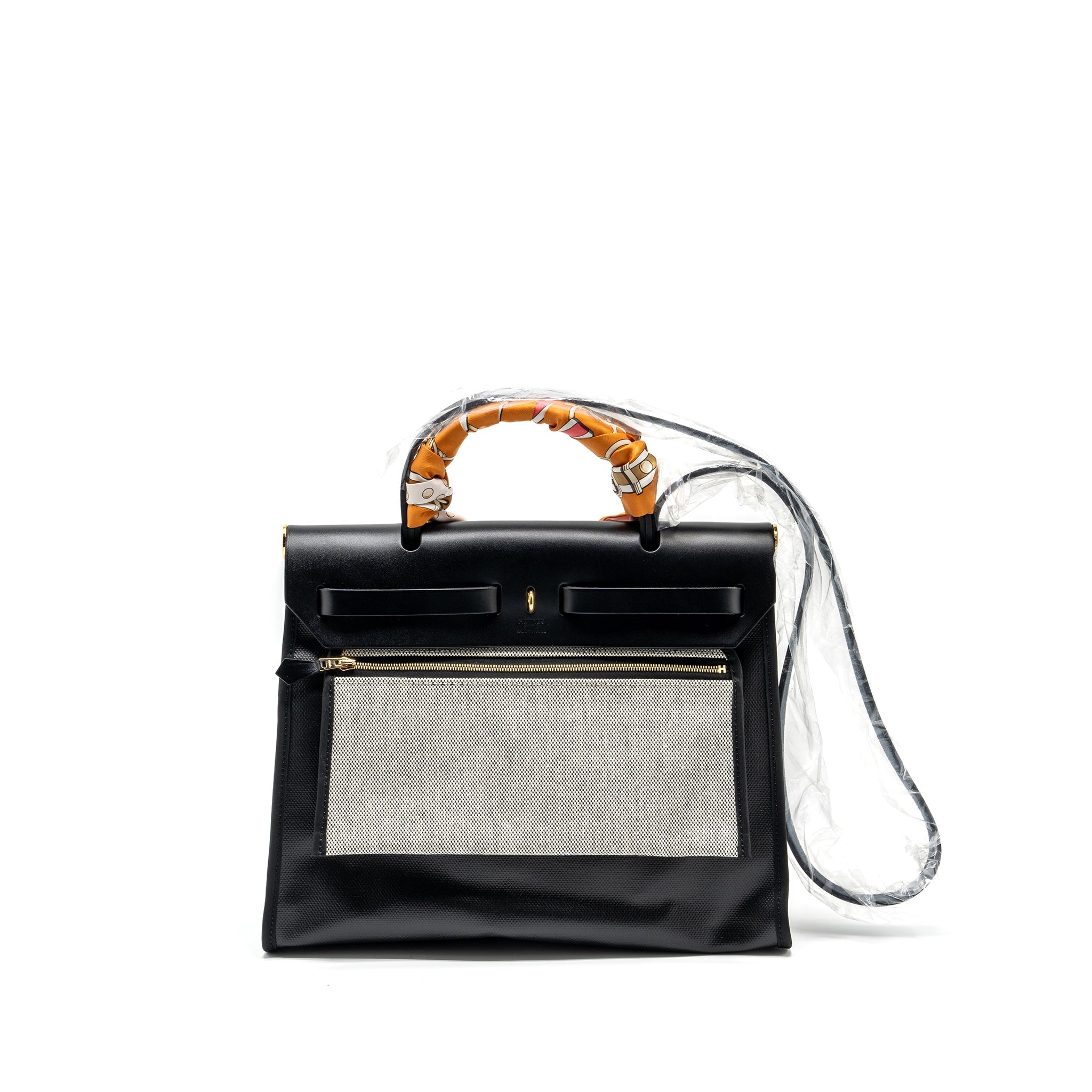HERMES HERBAG 31 ZIP BAG BERLINE CANVAS / VACHE HUNTER BLACK / ECRU GHW