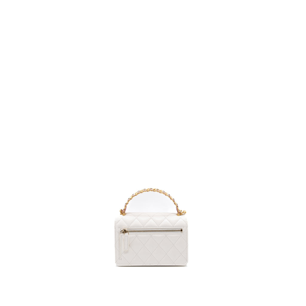 CHANEL 23P DETAILED TOP HANDLE MINI WALLET WITH CHAIN CALFSKIN WHITE / MULTI COLOR BRUSHED GHW (MICROCHIP)