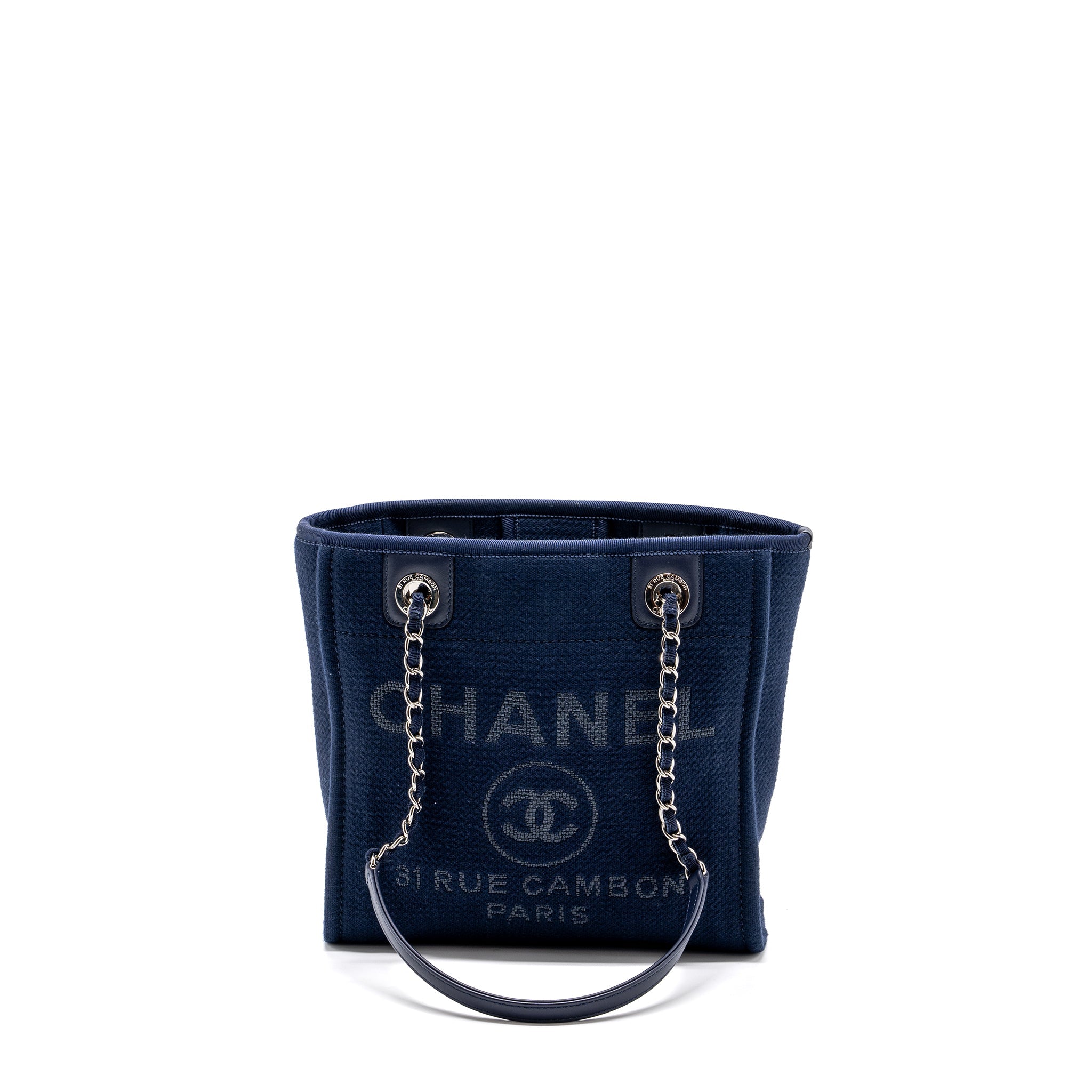 CHANEL SMALL DEAUVILLE TOTE BAG CANVAS NAVY SHW (MICROCHIP)
