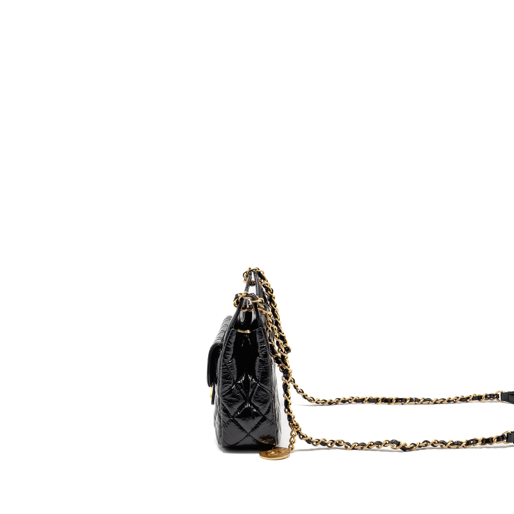 CHANEL 23C SMALL HOBO BAG SHINY CALFSKIN BLACK BRUSHED GHW (MICROCHIP)