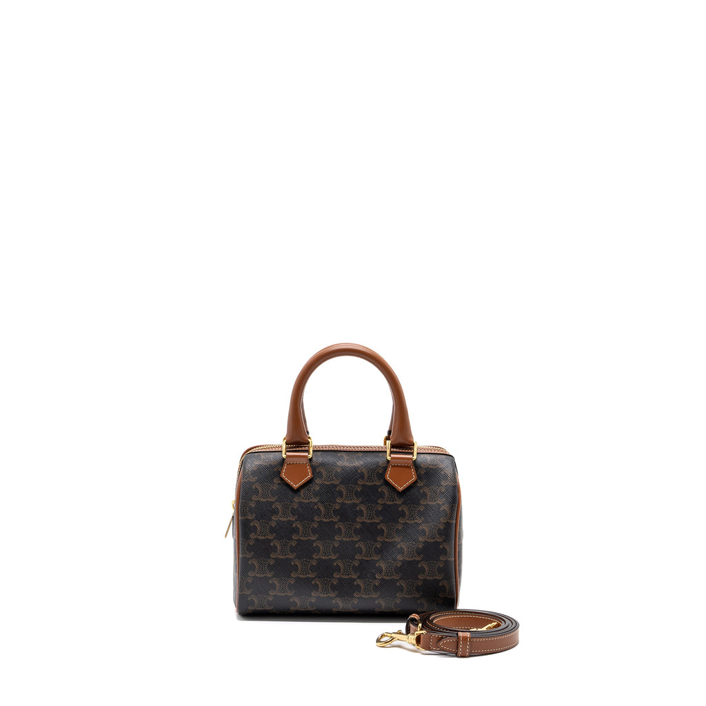 CELINE SMALL BOSTON BAG TRIOMPHE CANVAS/ LEATHER BROWN GHW