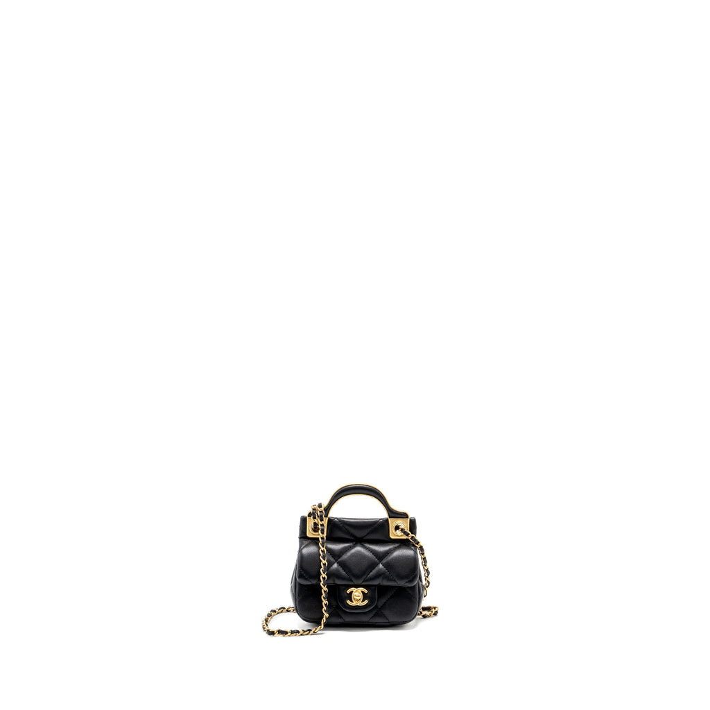 CHANEL TOP HANDLE MINI FLAP BAG WITH CHAIN CALFSKIN BLACK GHW