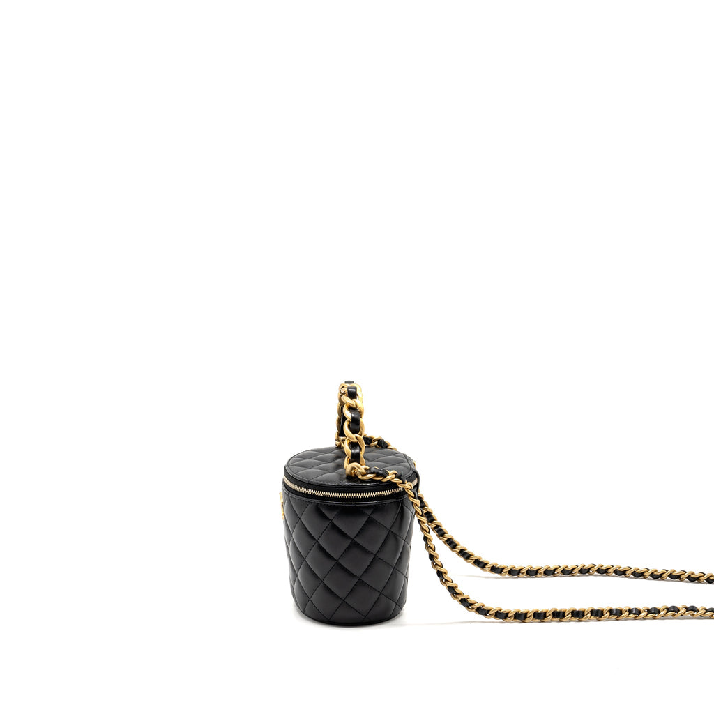 CHANEL AFTERNOON TEA TOP HANDLE VANITY CASE WITH CHAIN LAMBSKIN BLACK GHW (MICROCHIP)