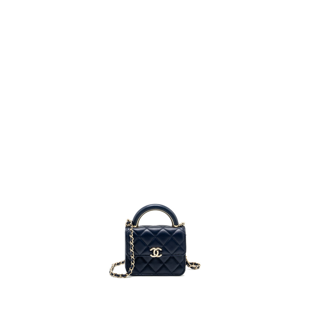 CHANEL TOP HANDLE MINI FLAP CLUTCH LAMBSKIN NAVY LGHW (MICROCHIP)