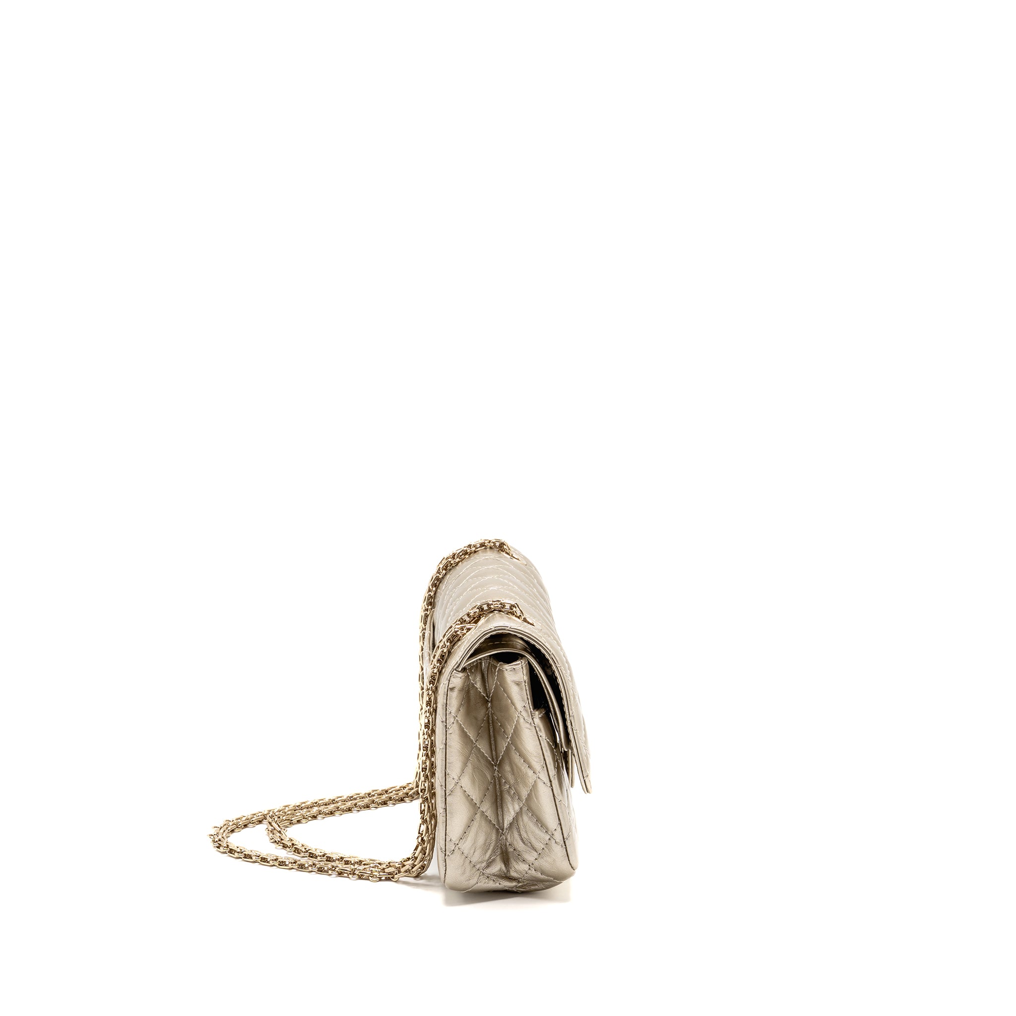CHANEL SMALL 2.55 REISSUE DOUBLE FLAP BAG AGED CALFSKIN METALLIC LIGHT GOLD WITH LGHW