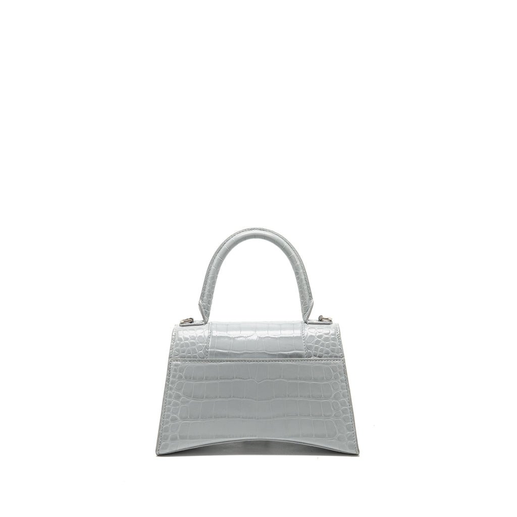 BALENCIAGA SMALL HOURGLASS BAG CROC-EMBOSSED CALFSKIN GREY SHW
