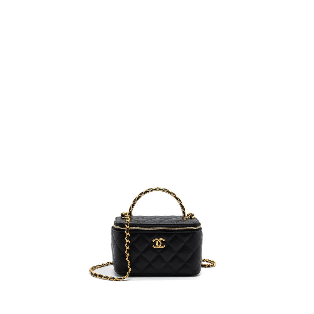 CHANEL DETAIL TOP HANDLE LONG VANITY WITH CHAINS LAMBSKIN BLACK GHW(MICROCHIP)