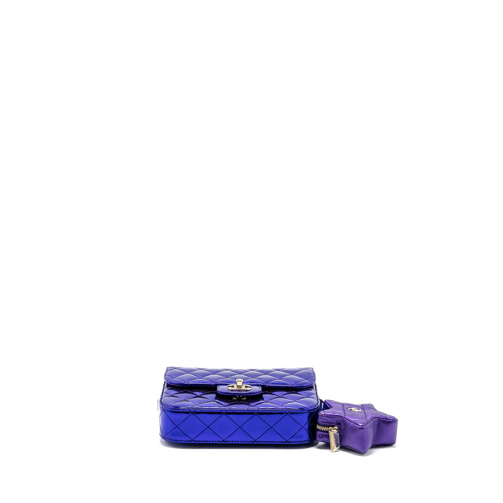 CHANEL 24C MINI FLAP BAG WITH STAR COIN PURSE PATENT/CALFSKIN METALLIC PURPLE LGHW (MICROCHIP)