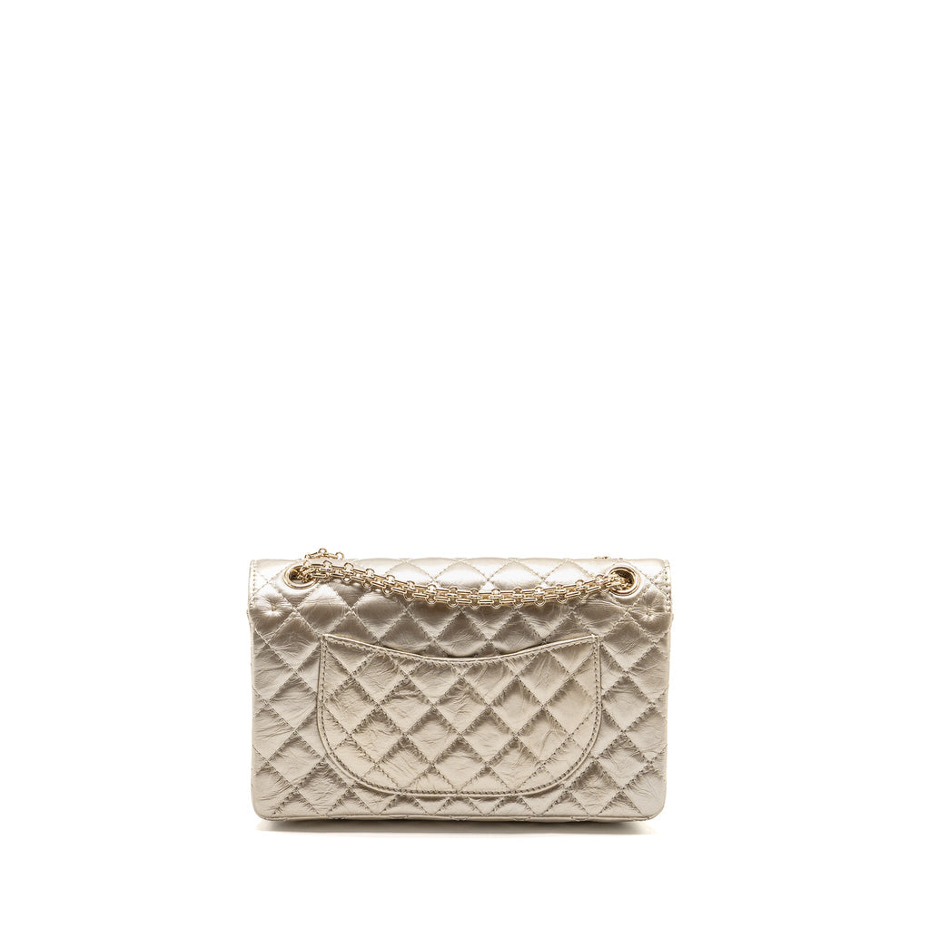 CHANEL SMALL 2.55 REISSUE DOUBLE FLAP BAG AGED CALFSKIN METALLIC LIGHT GOLD WITH LGHW