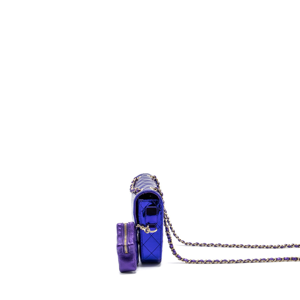 CHANEL 24C MINI FLAP BAG WITH STAR COIN PURSE PATENT/CALFSKIN METALLIC PURPLE LGHW (MICROCHIP)