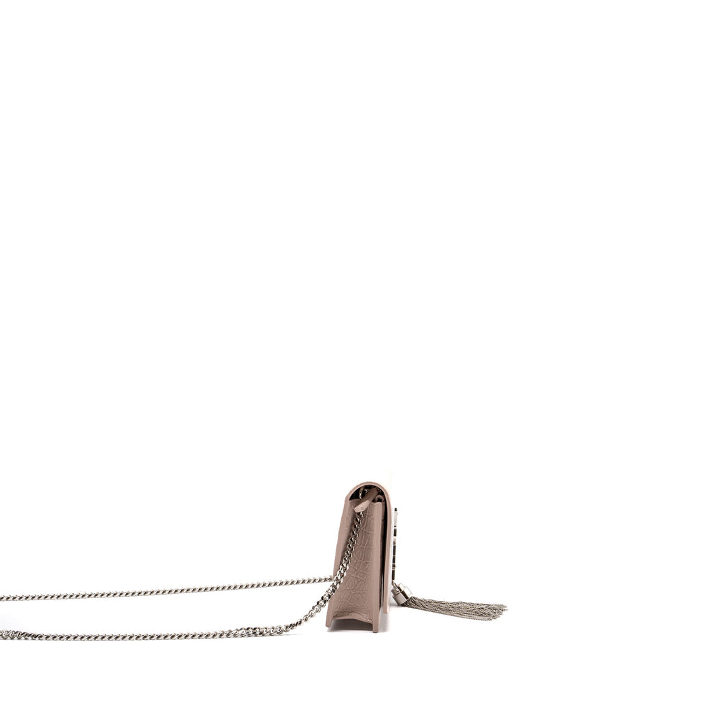 SAINT LAURENT KATE WALLET ON CHAIN CROC EMBOSSED LEATHER LIGHT PINK SHW