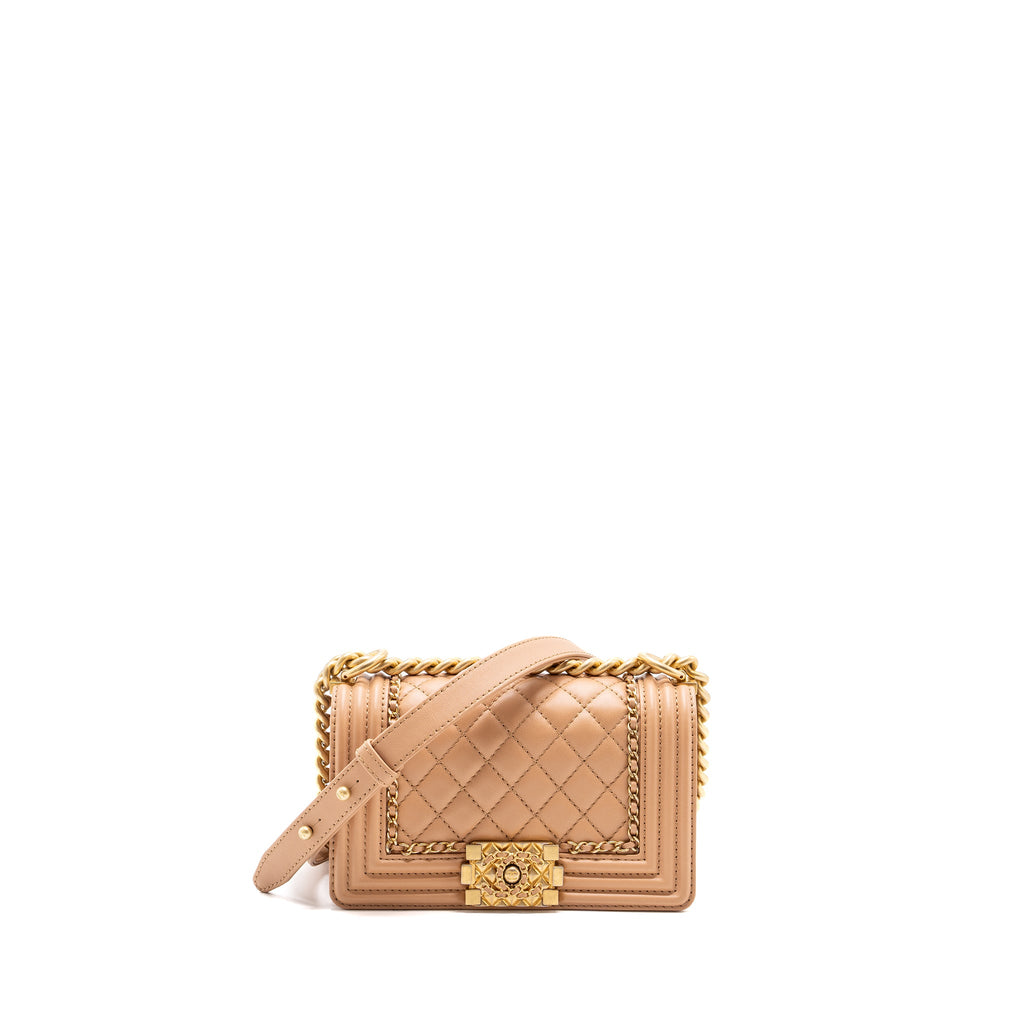 CHANEL SMALL BOY BAG LIMITED EDITION CALFSKIN DARK BEIGE GHW