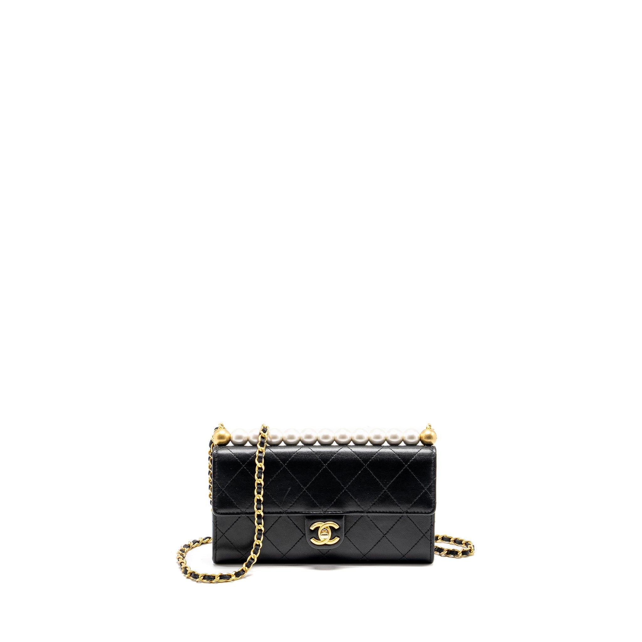 CHANEL QUILTED PEARL LONG WALLET ON CHAIN GOATSKIN BLACK GHW